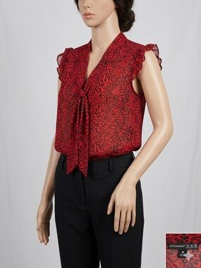 Atmosphere Red Black Printed Tie-Neck Ruffle Cap Sleeve Top